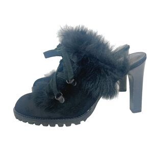 Coach Kristy Black Suede Fur Lined Mules Black Leather Women's Size 6.5